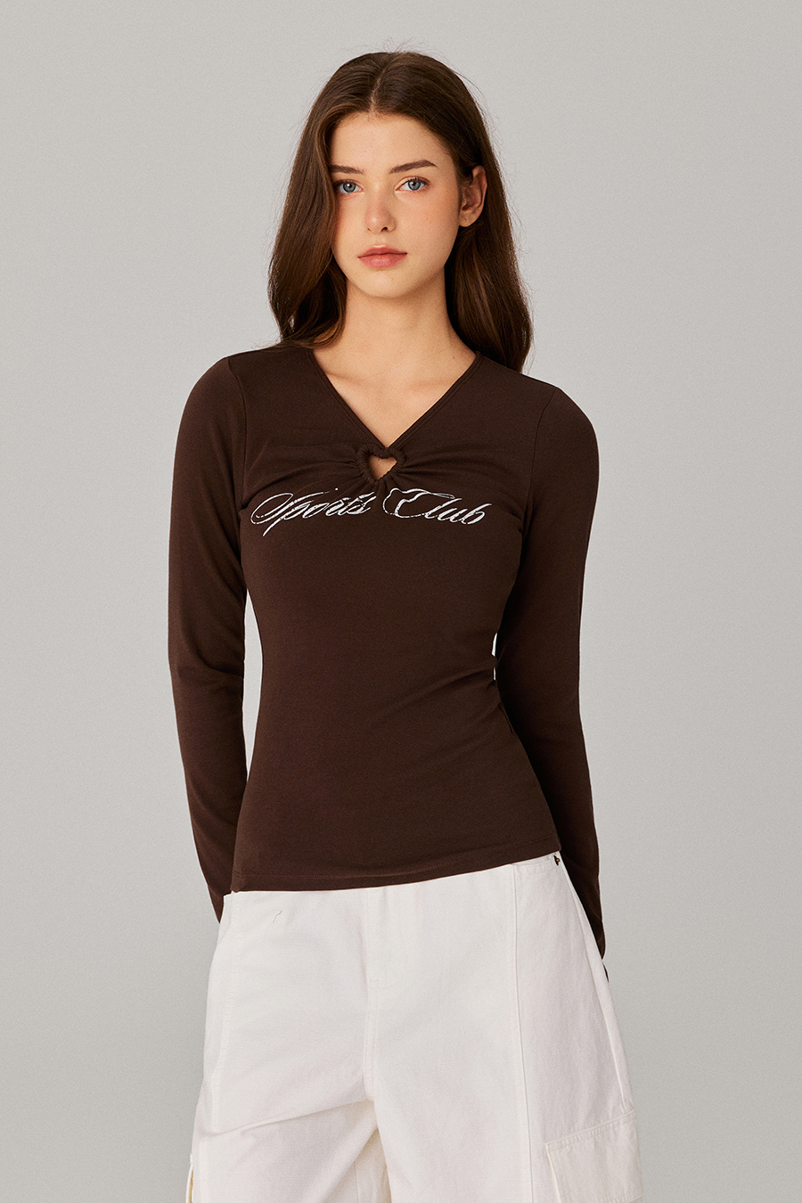 V‑Neck Cutout Printed Slim Top|yescci