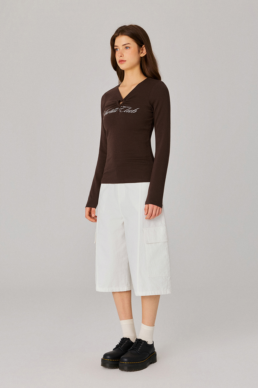 V‑Neck Cutout Printed Slim Top|yescci