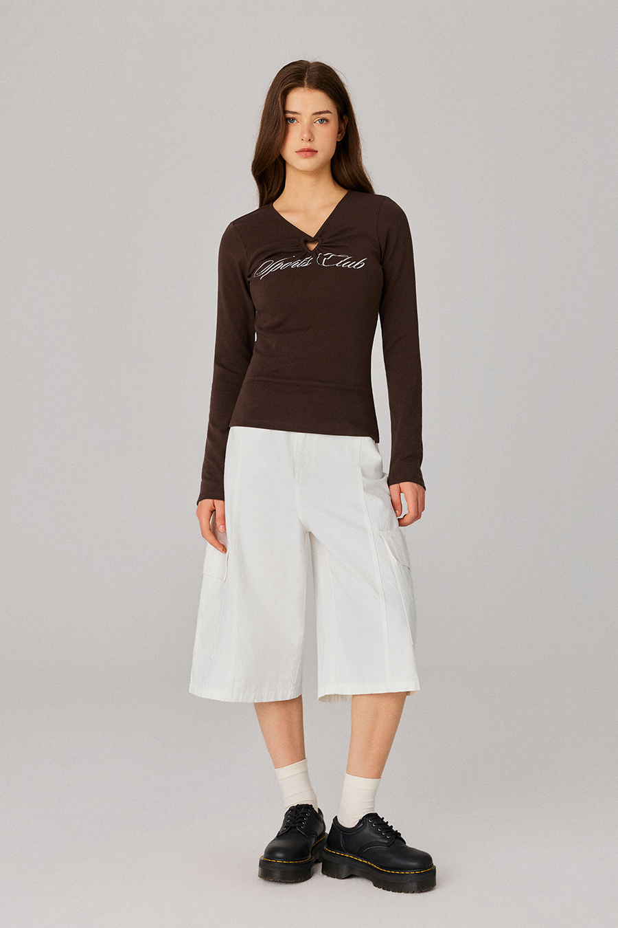 V‑Neck Cutout Printed Slim Top|yescci