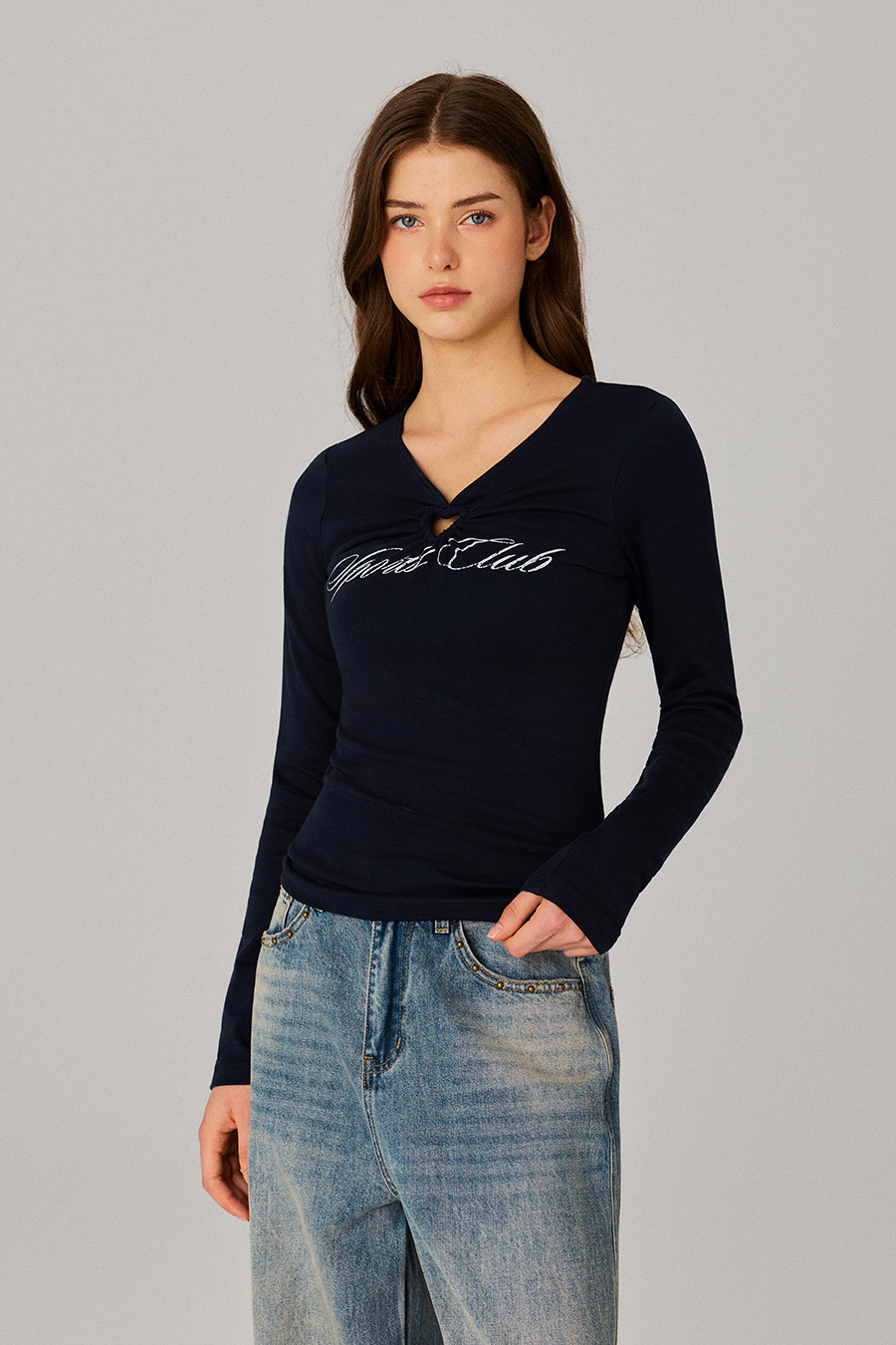 V‑Neck Cutout Printed Slim Top|yescci