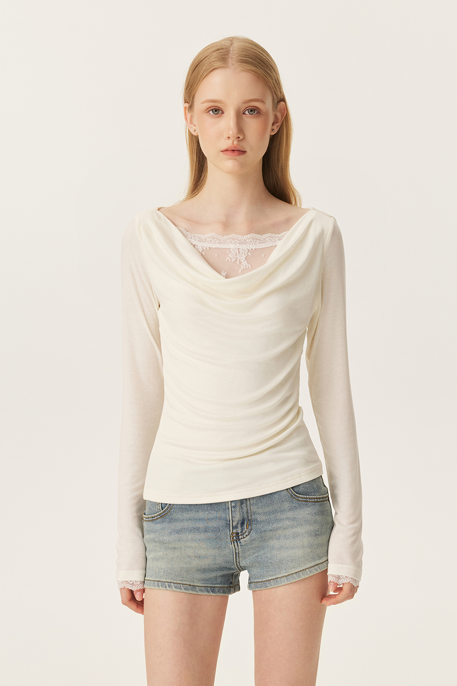 Draped Lace Long Sleeve Top
