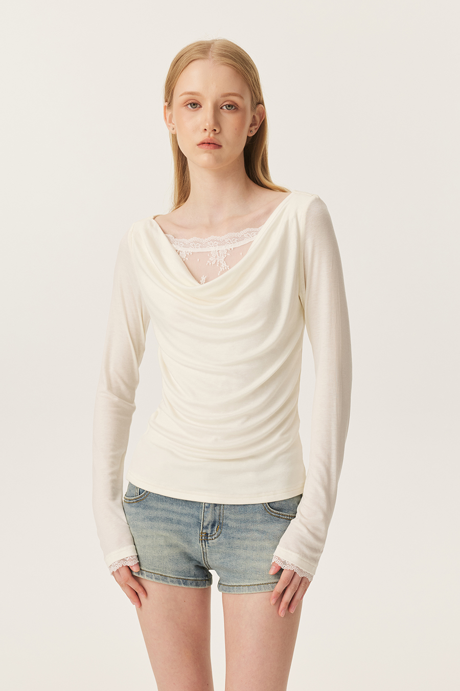 Draped Lace Long Sleeve Top