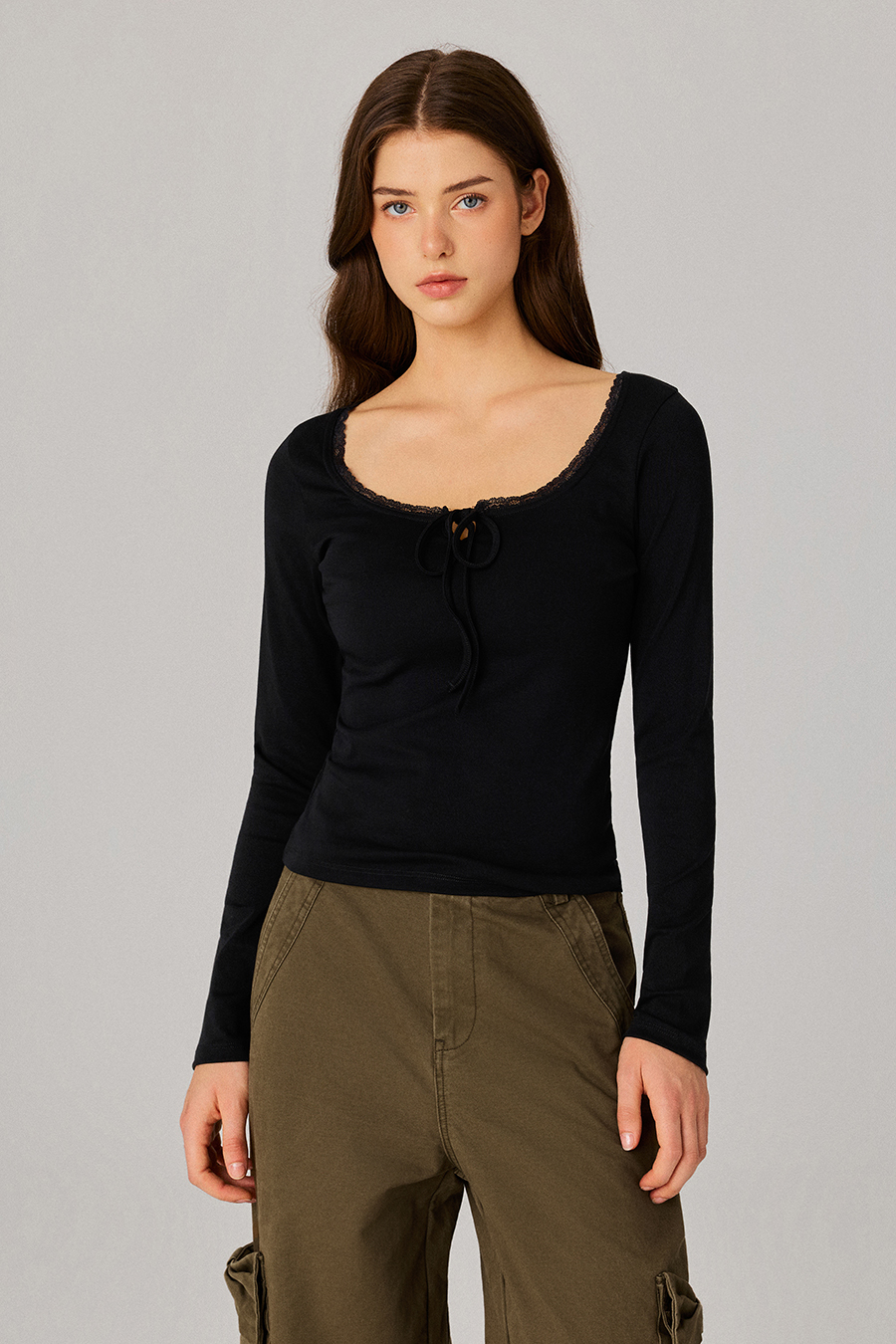 Lace Neck Tie‑Front Long Sleeve Top|yescci