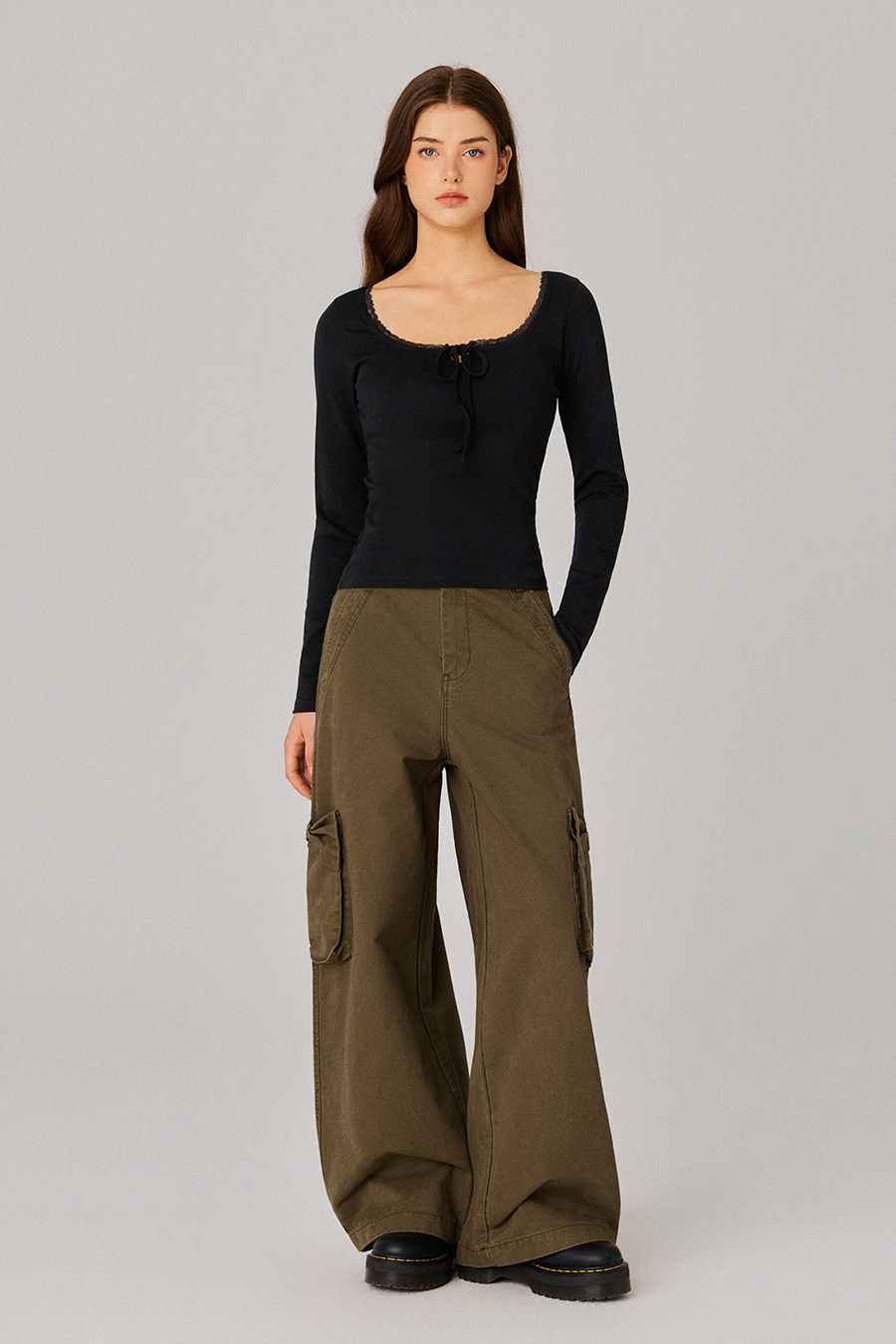 Lace Neck Tie‑Front Long Sleeve Top|yescci