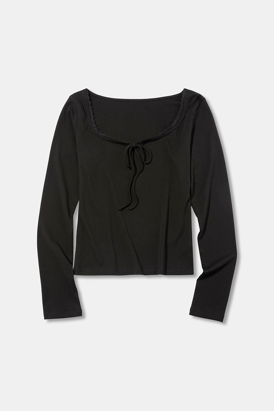 Lace Neck Tie‑Front Long Sleeve Top|yescci