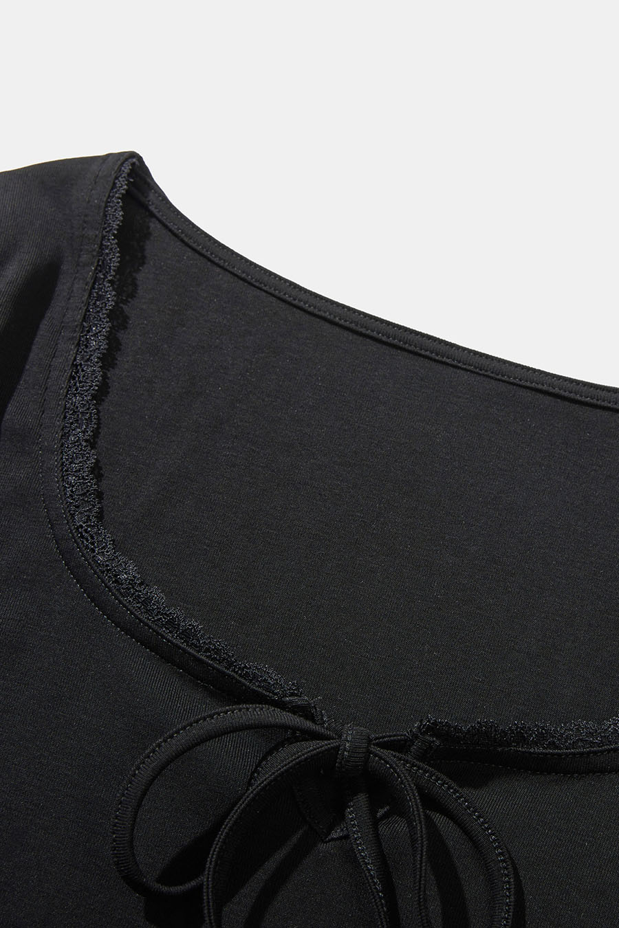 Lace Neck Tie‑Front Long Sleeve Top|yescci