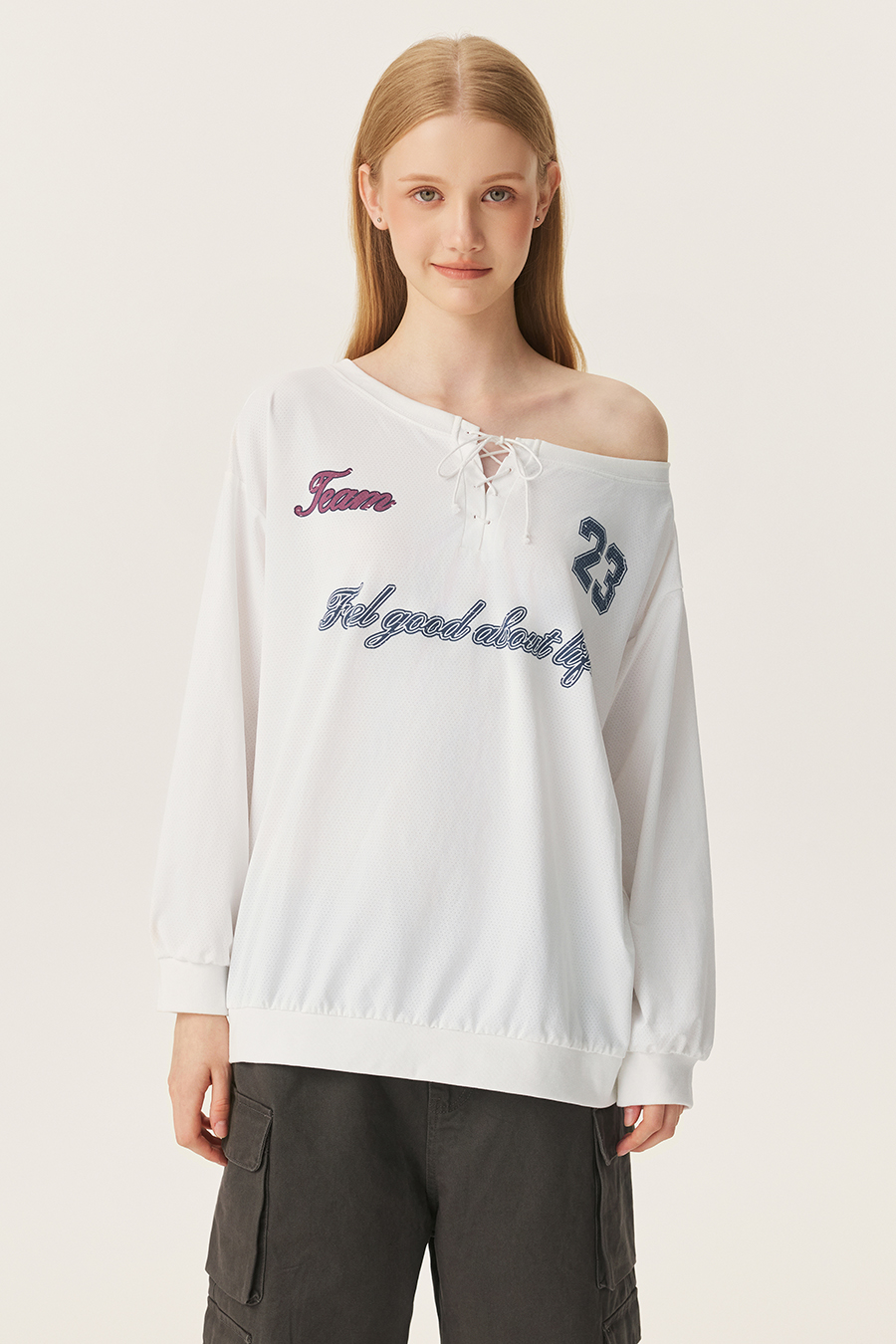 Off Shoulder Lace Up Graphic Sweatshirt