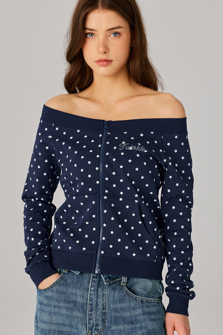 Star Print Off‑Shoulder Zip Jacket|yescci