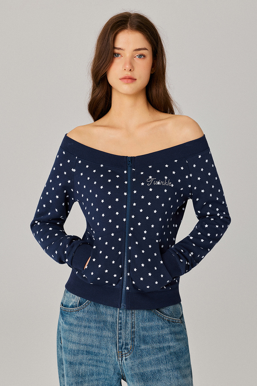 Star Print Off‑Shoulder Zip Jacket|yescci