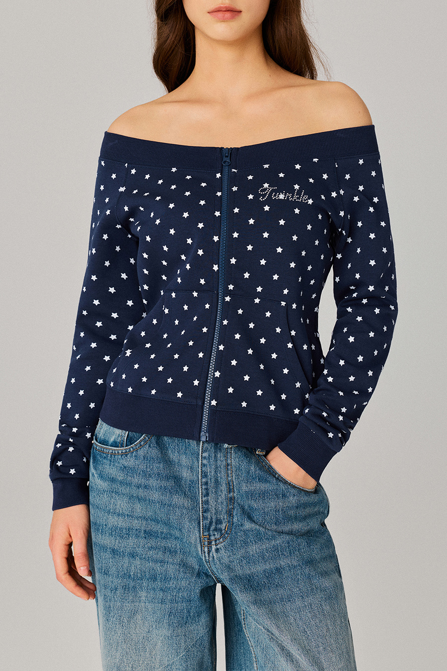 Star Print Off‑Shoulder Zip Jacket|yescci