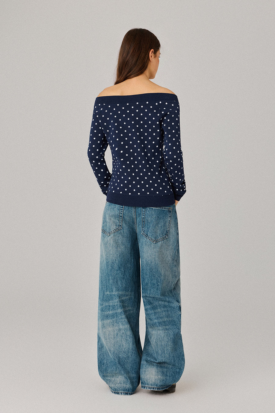 Star Print Off‑Shoulder Zip Jacket|yescci