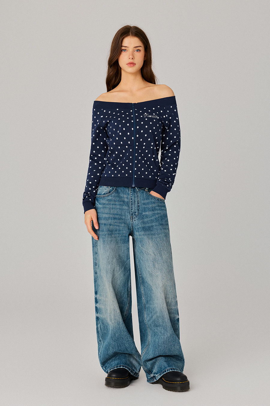 Star Print Off‑Shoulder Zip Jacket|yescci
