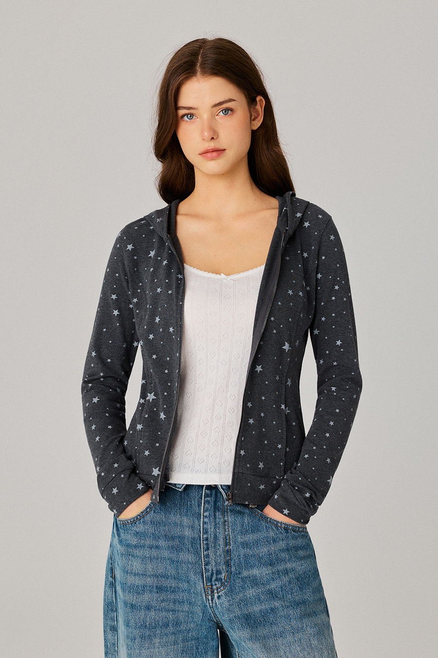 Star Print Zip‑Up Hoodie