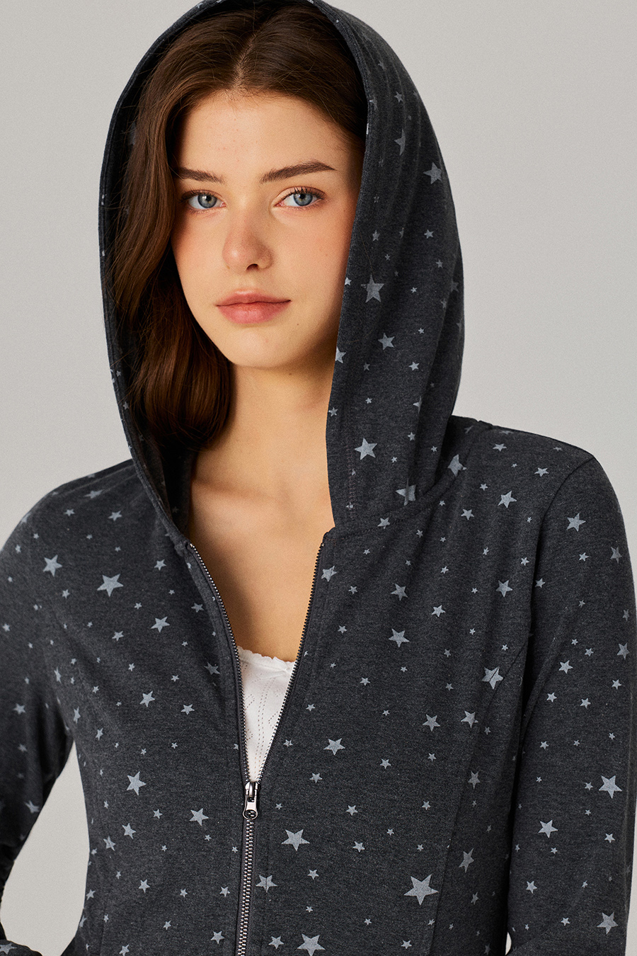 Star Print Zip‑Up Hoodie