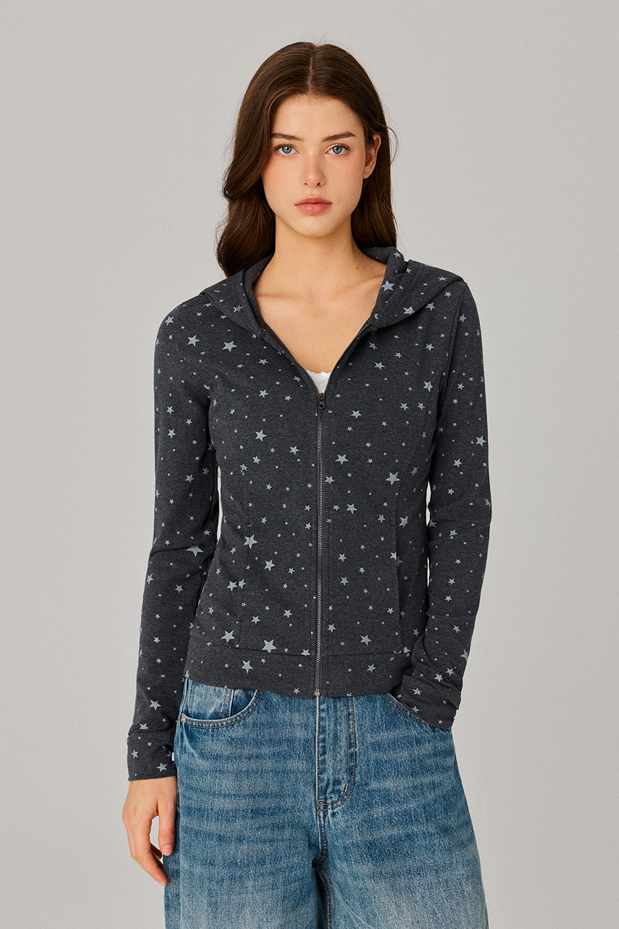Star Print Zip‑Up Hoodie