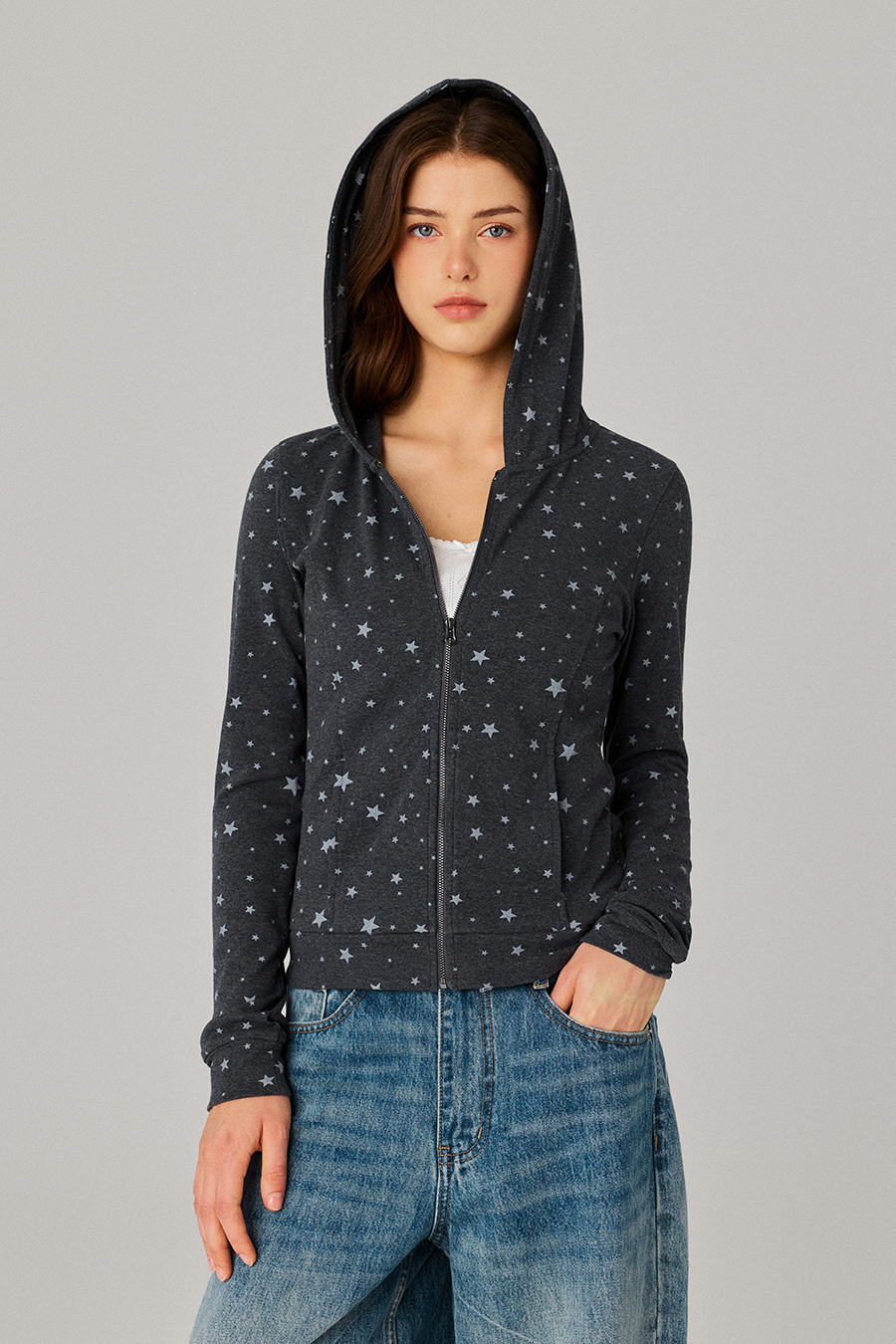 Star Print Zip‑Up Hoodie