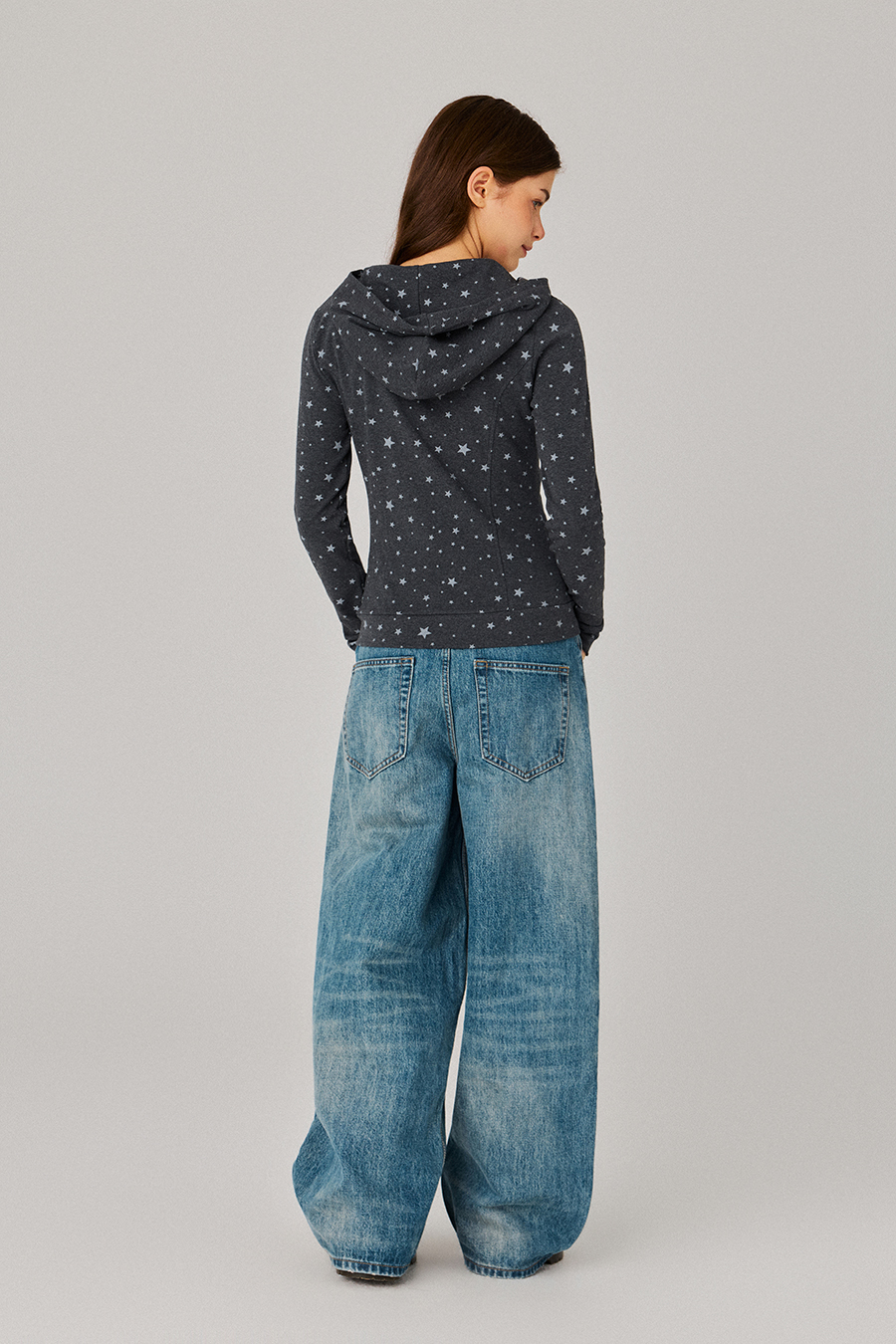 Star Print Zip‑Up Hoodie
