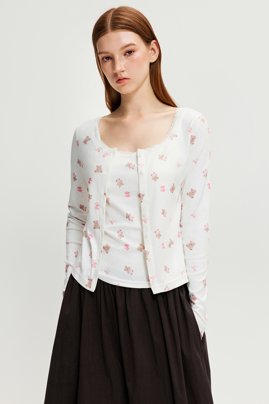Bear Print Lace Neck Button Cardigan |yescci