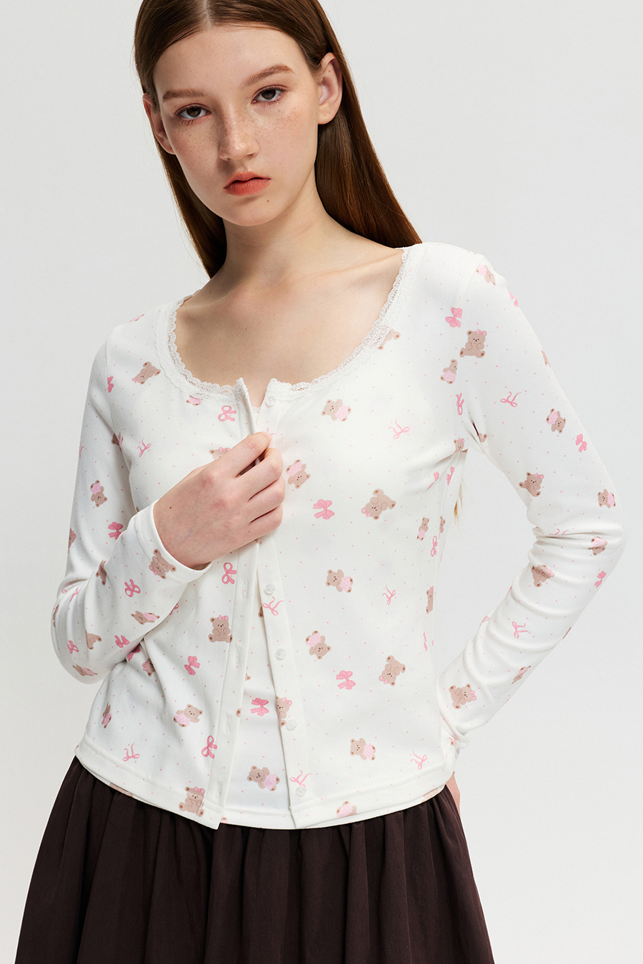 Bear Print Lace Neck Button Cardigan |yescci