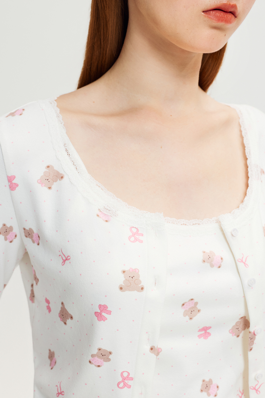 Bear Print Lace Neck Button Cardigan |yescci
