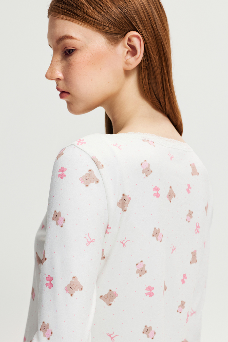 Bear Print Lace Neck Button Cardigan |yescci