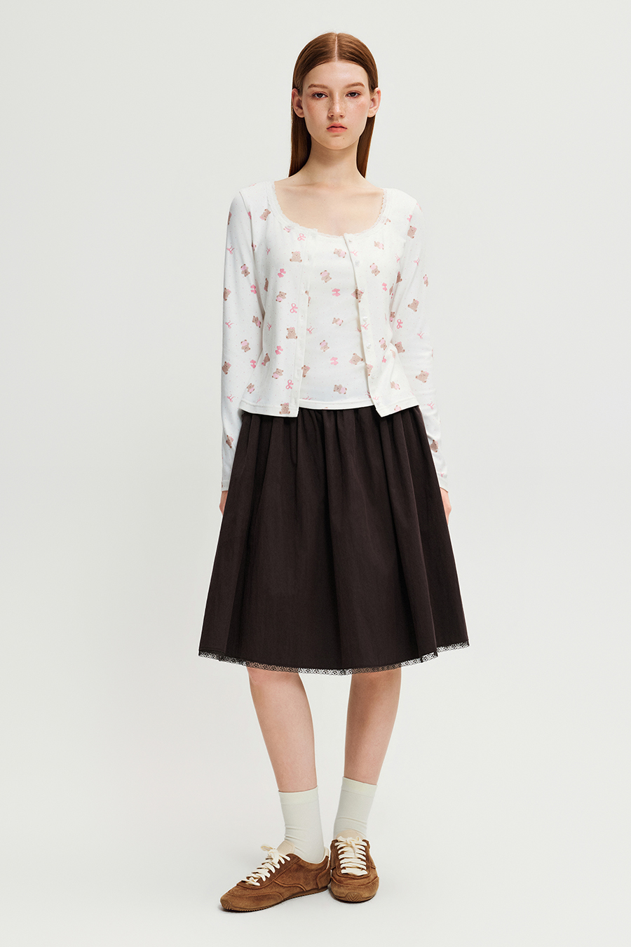 Bear Print Lace Neck Button Cardigan |yescci