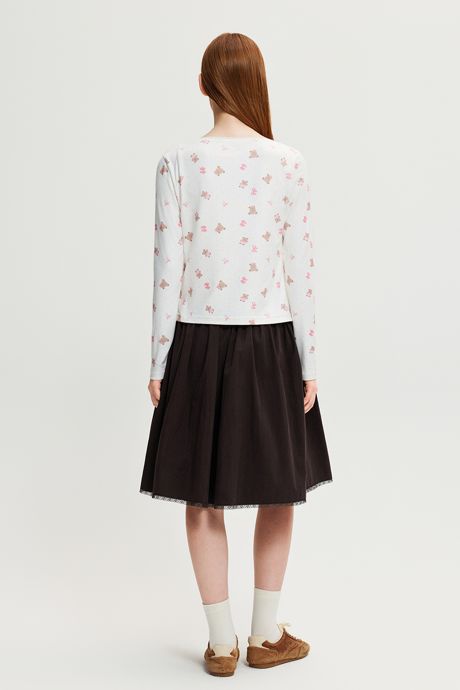 Bear Print Lace Neck Button Cardigan |yescci