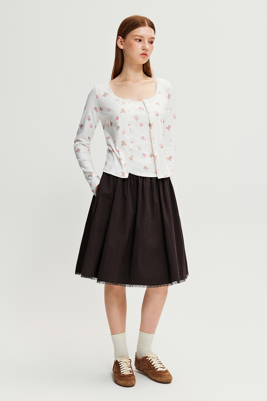 Bear Print Lace Neck Button Cardigan |yescci