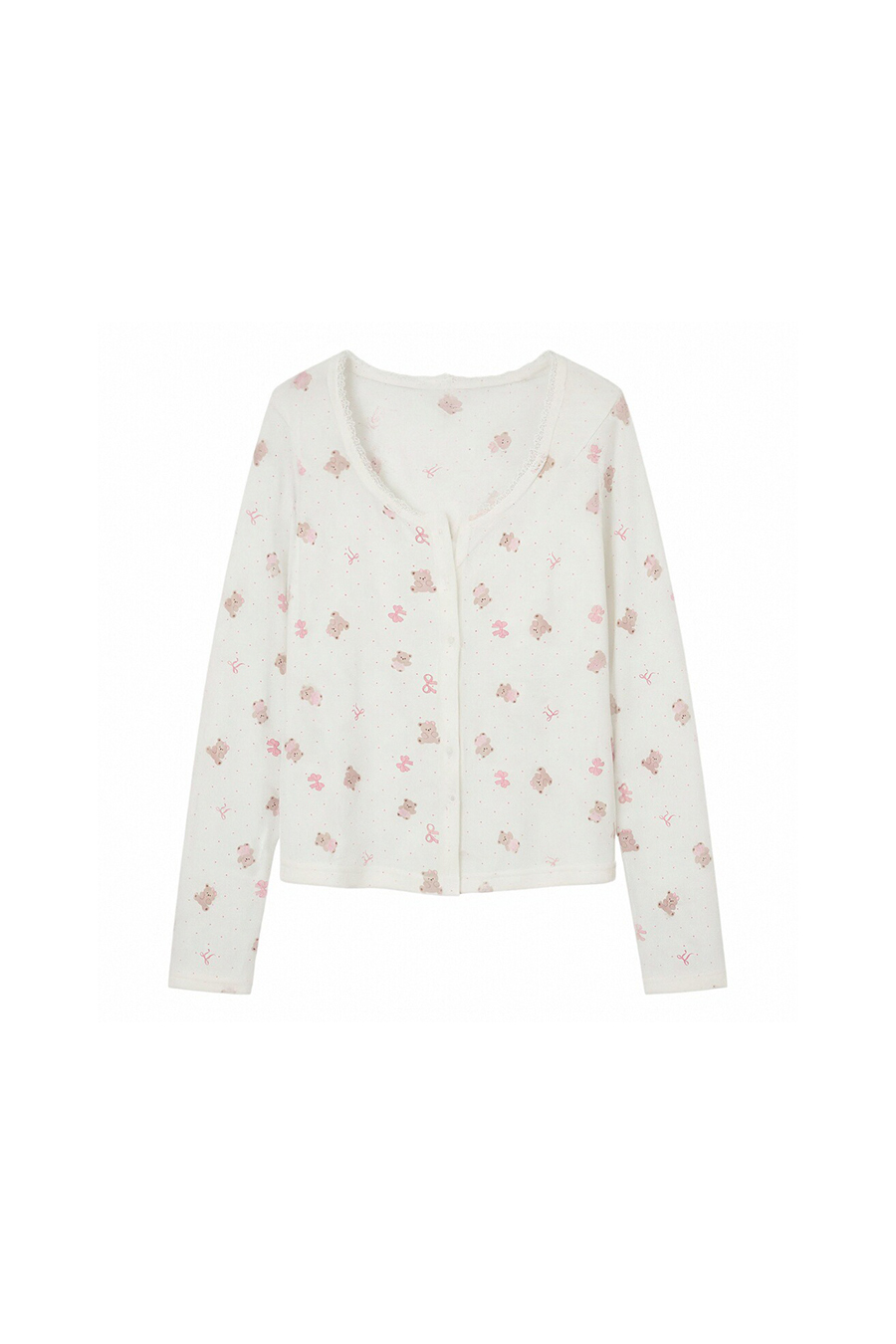 Bear Print Lace Neck Button Cardigan |yescci