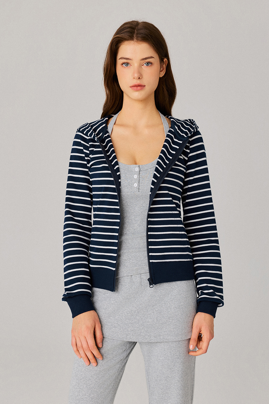 Stripe Zip‑Up Hooded Jacket|yescci