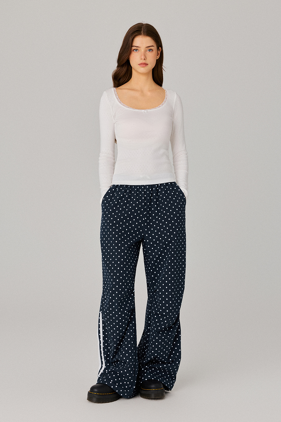 Polka‑Dot Drawstring Flare Pants