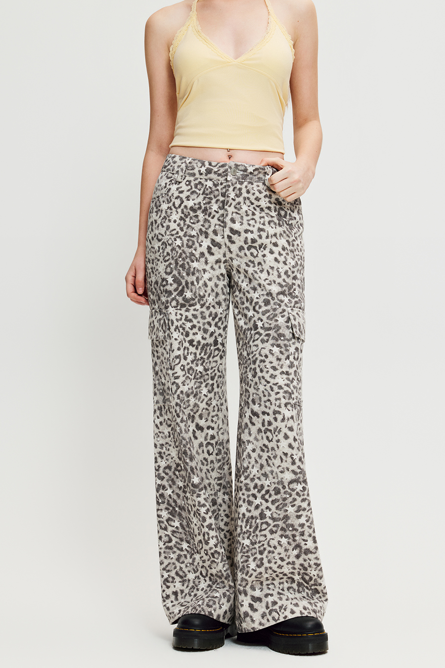 Leopard Star Print Cargo Flare Pants