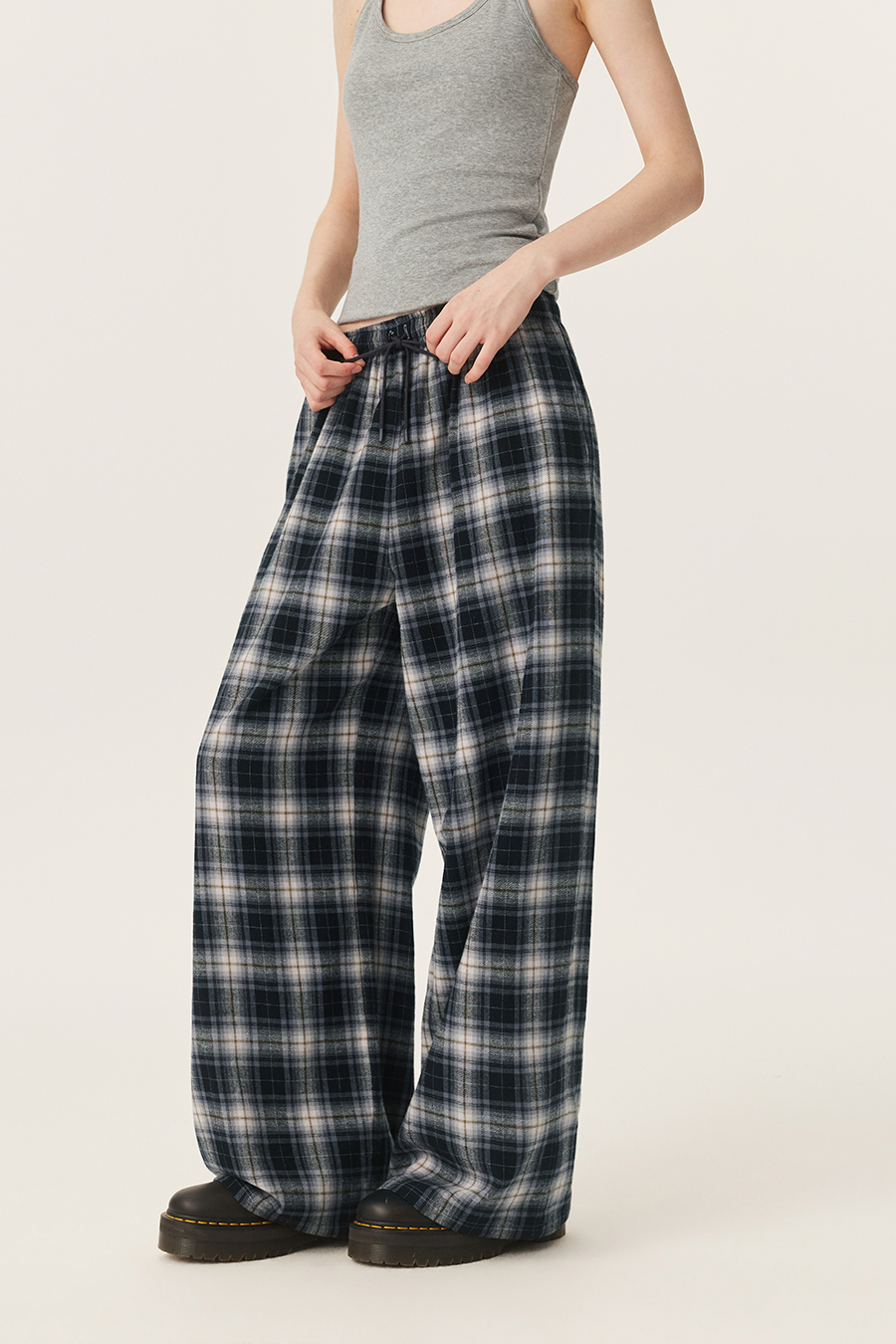 Plaid Drawstring Wide Leg Pants