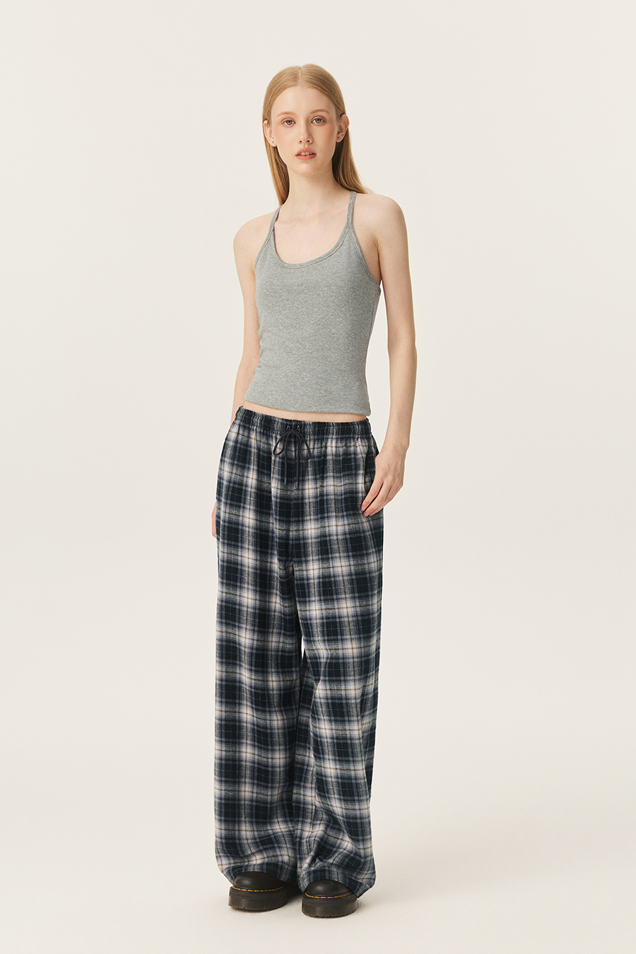 Plaid Drawstring Wide Leg Pants