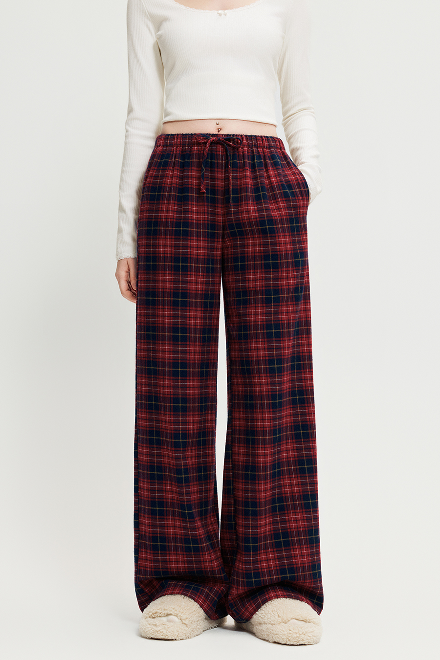 Plaid Drawstring Wide‑Leg Pants