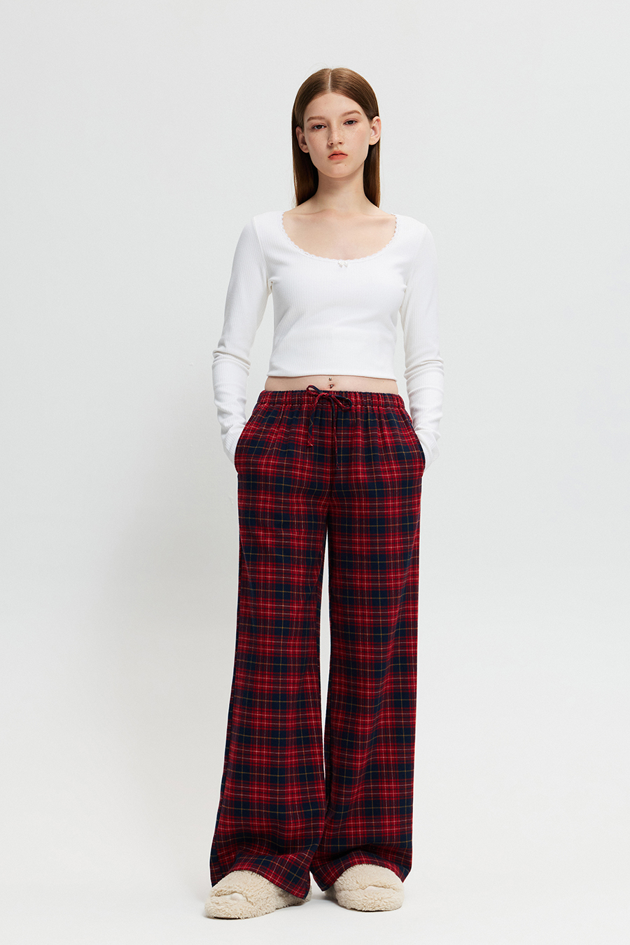 Plaid Drawstring Wide‑Leg Pants
