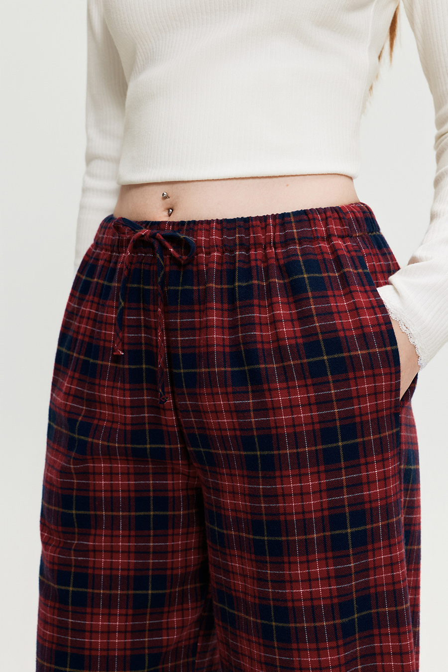 Plaid Drawstring Wide‑Leg Pants