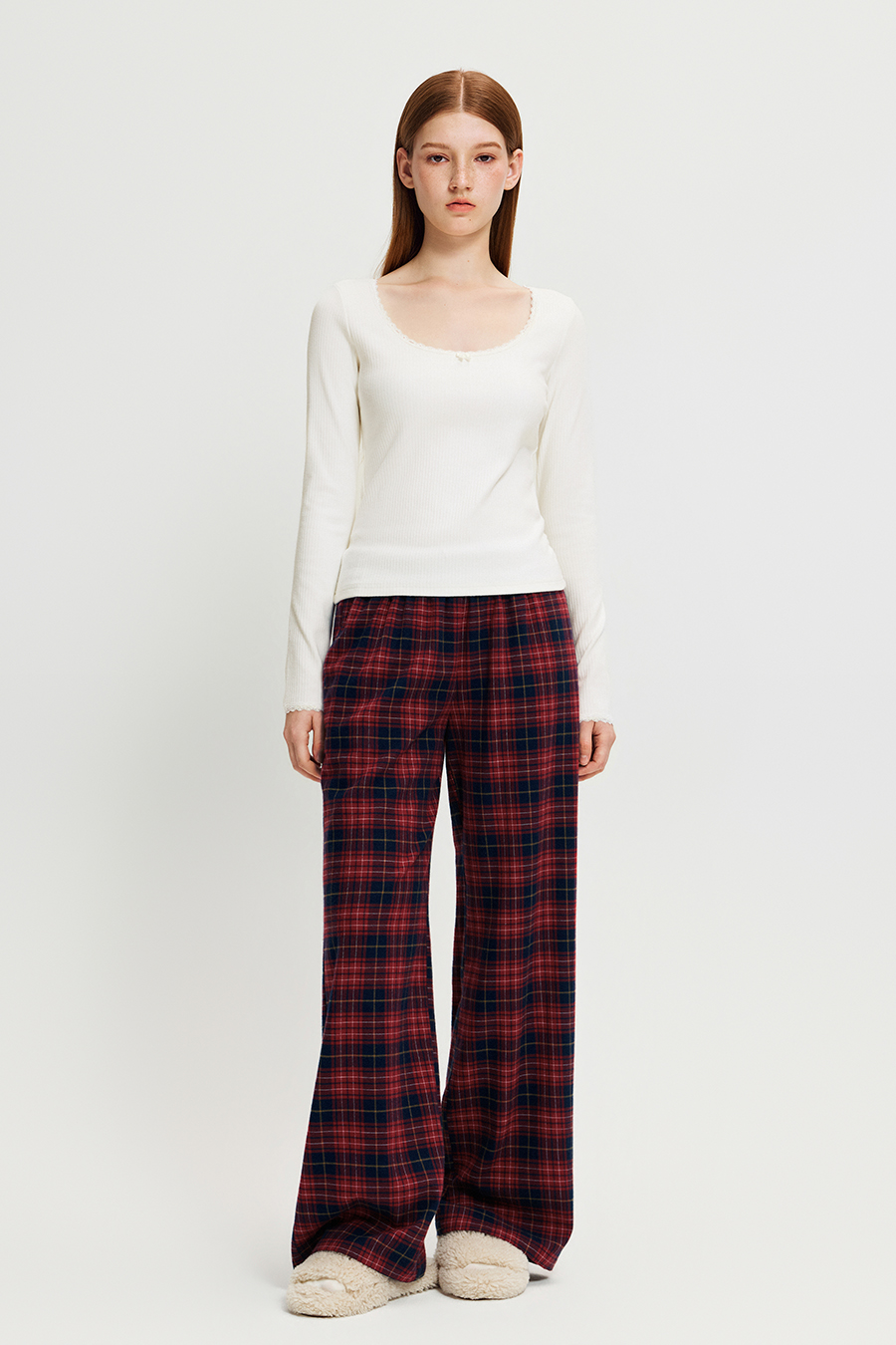 Plaid Drawstring Wide‑Leg Pants