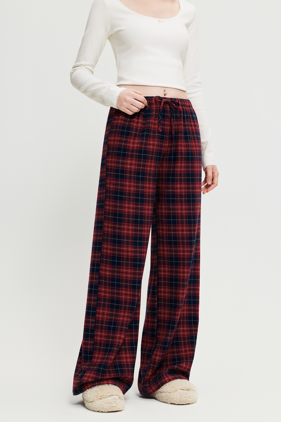 Plaid Drawstring Wide‑Leg Pants