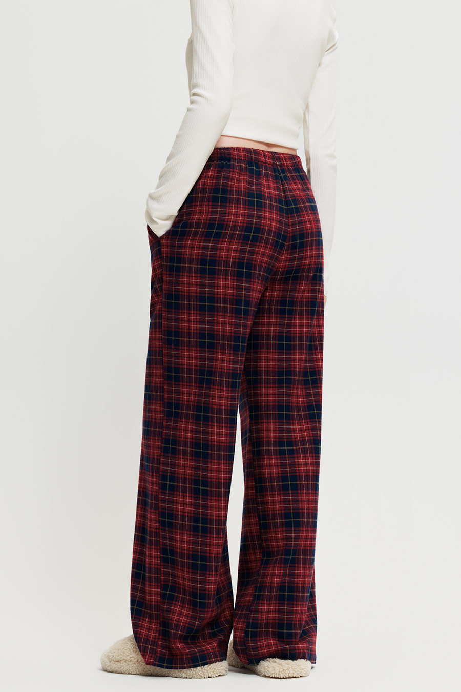 Plaid Drawstring Wide‑Leg Pants