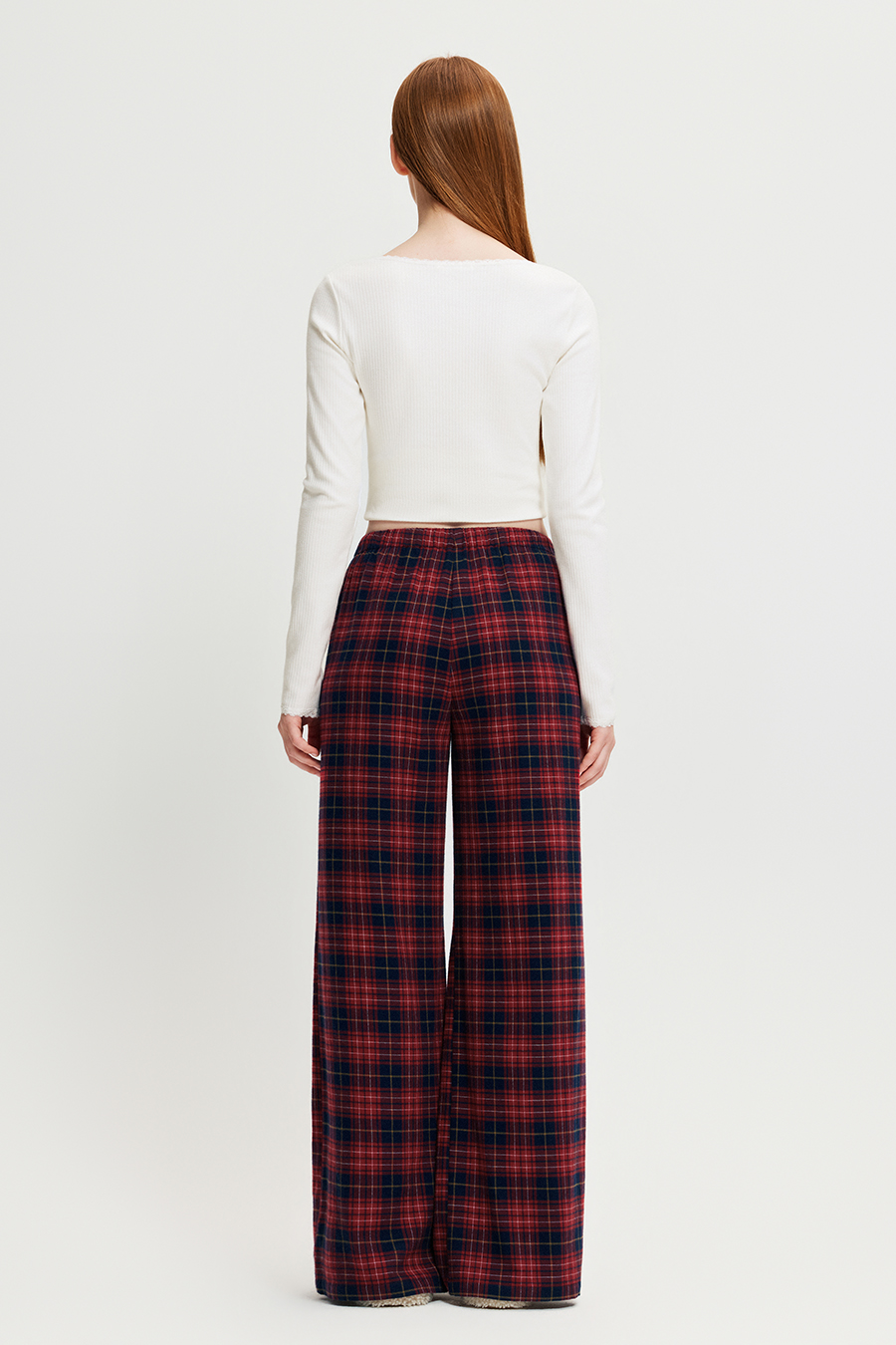 Plaid Drawstring Wide‑Leg Pants