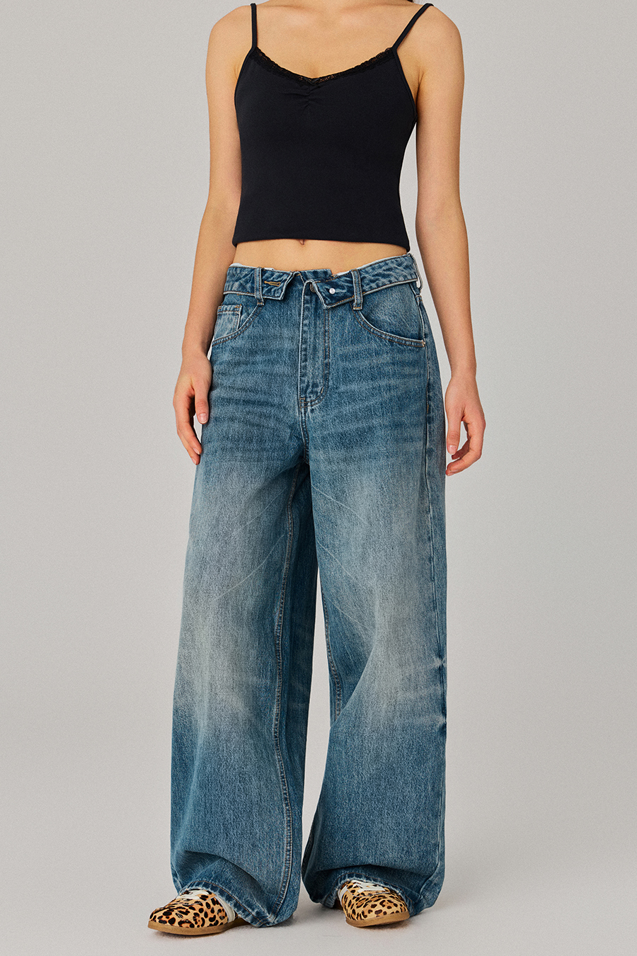 Folded Waist Wide‑Leg Jeans