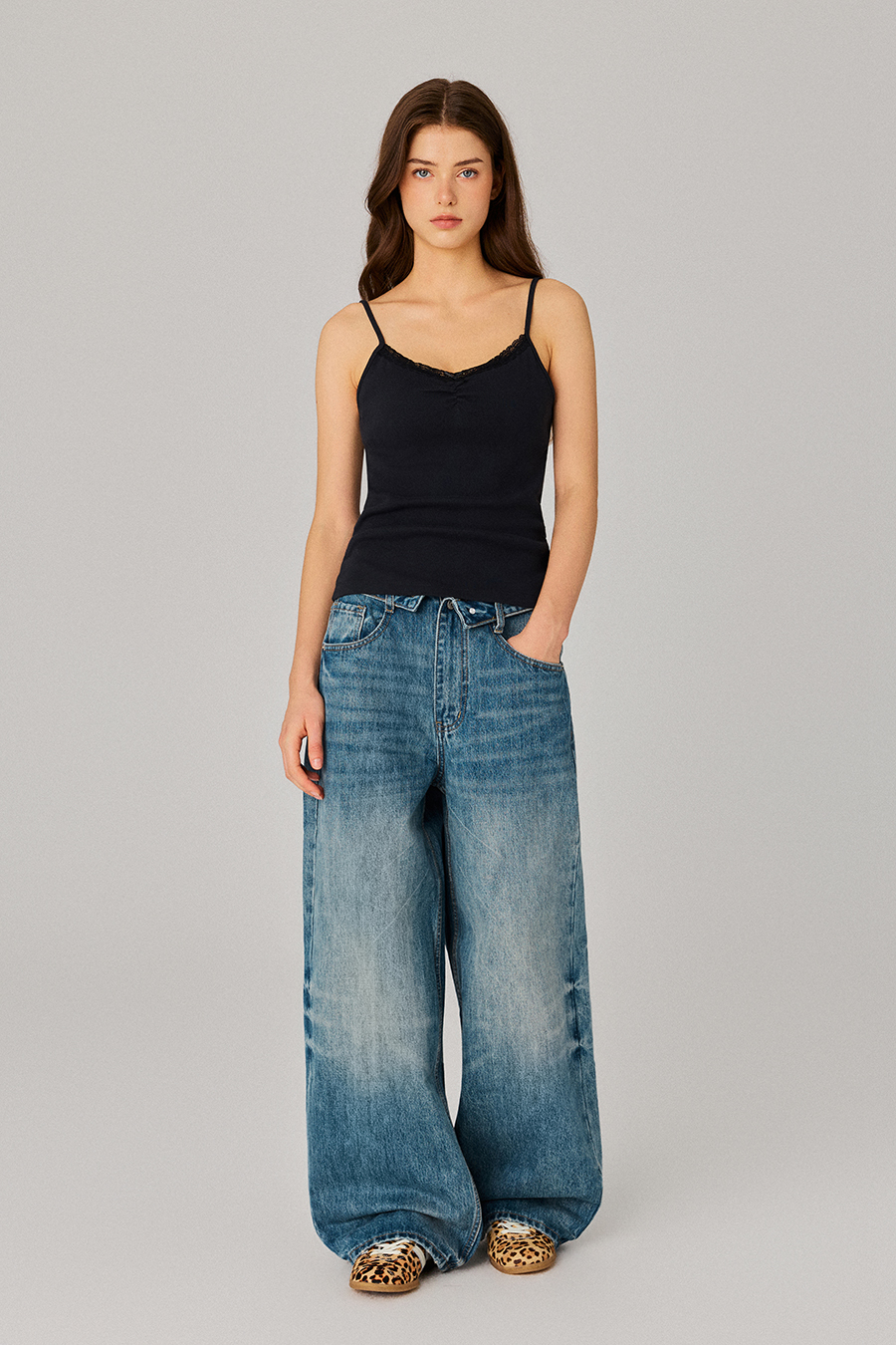Folded Waist Wide‑Leg Jeans
