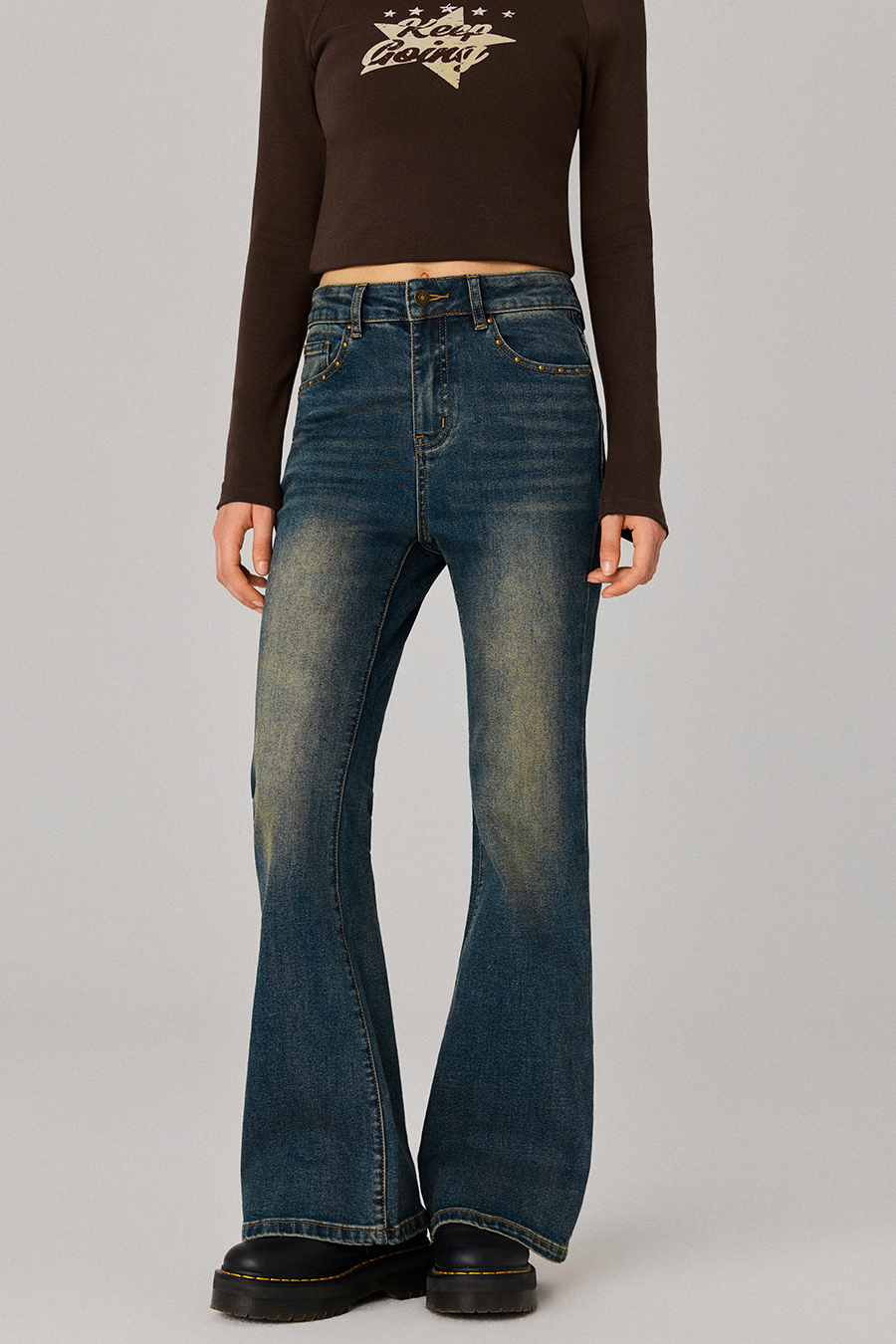 High‑Waist Flare Denim Jeans|yescci