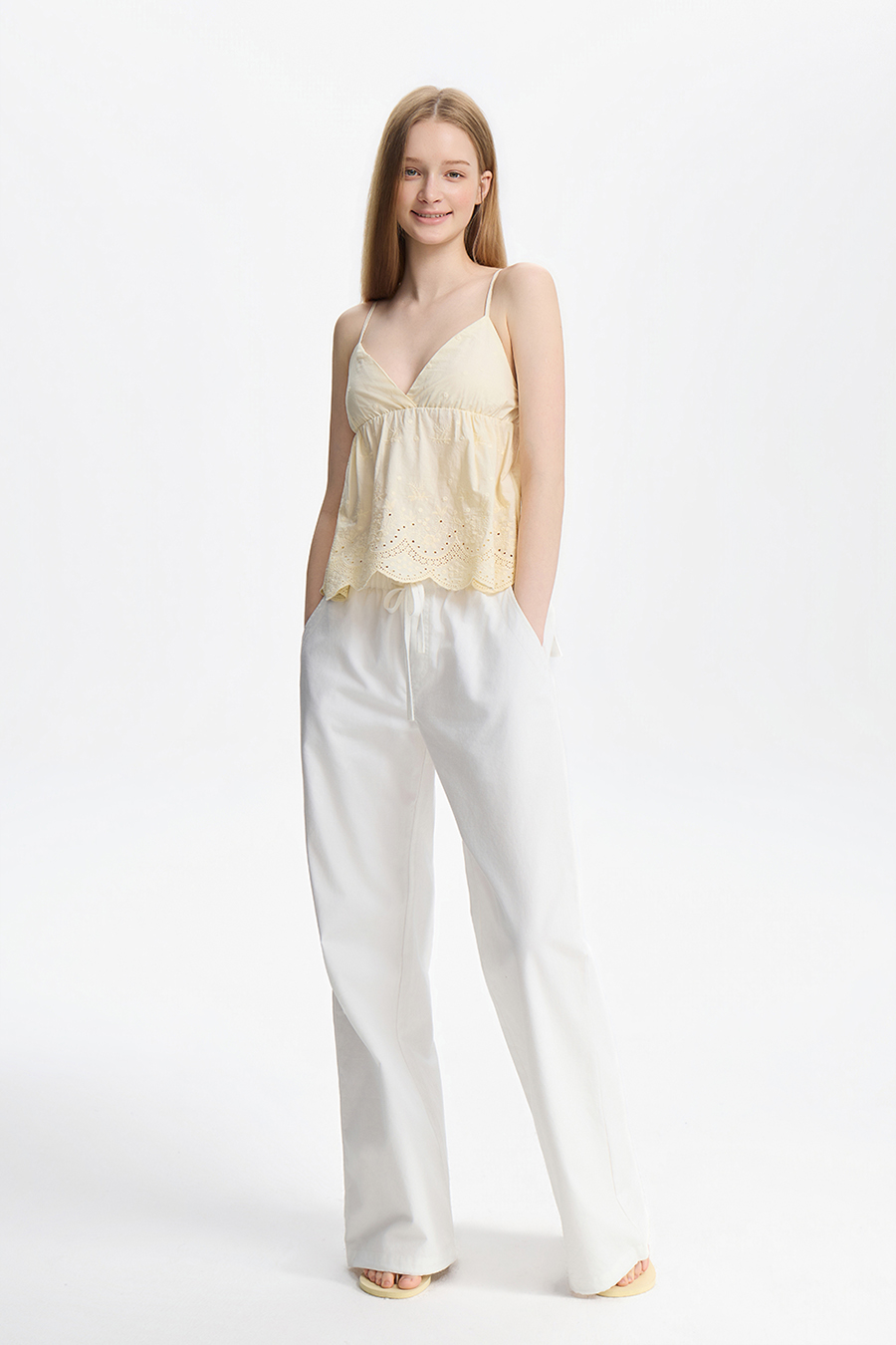 White Drawstring Wide Leg Pants|yescci
