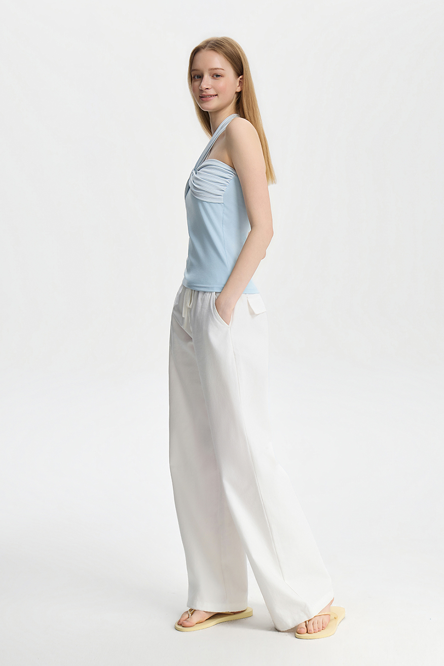 White Drawstring Wide Leg Pants|yescci