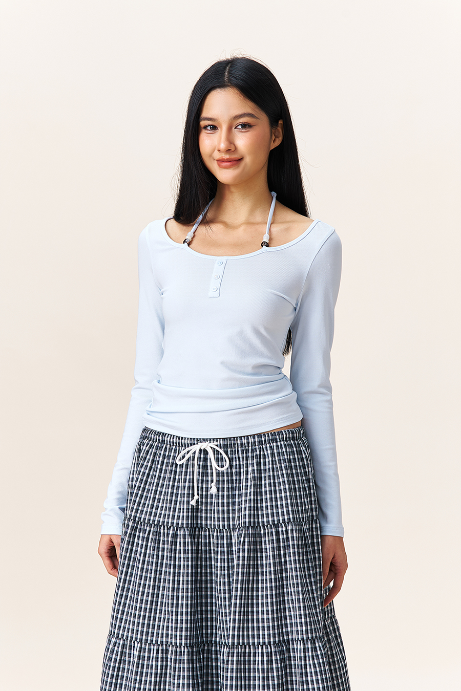 Halter Tie Henley Neck Blouse|yescci
