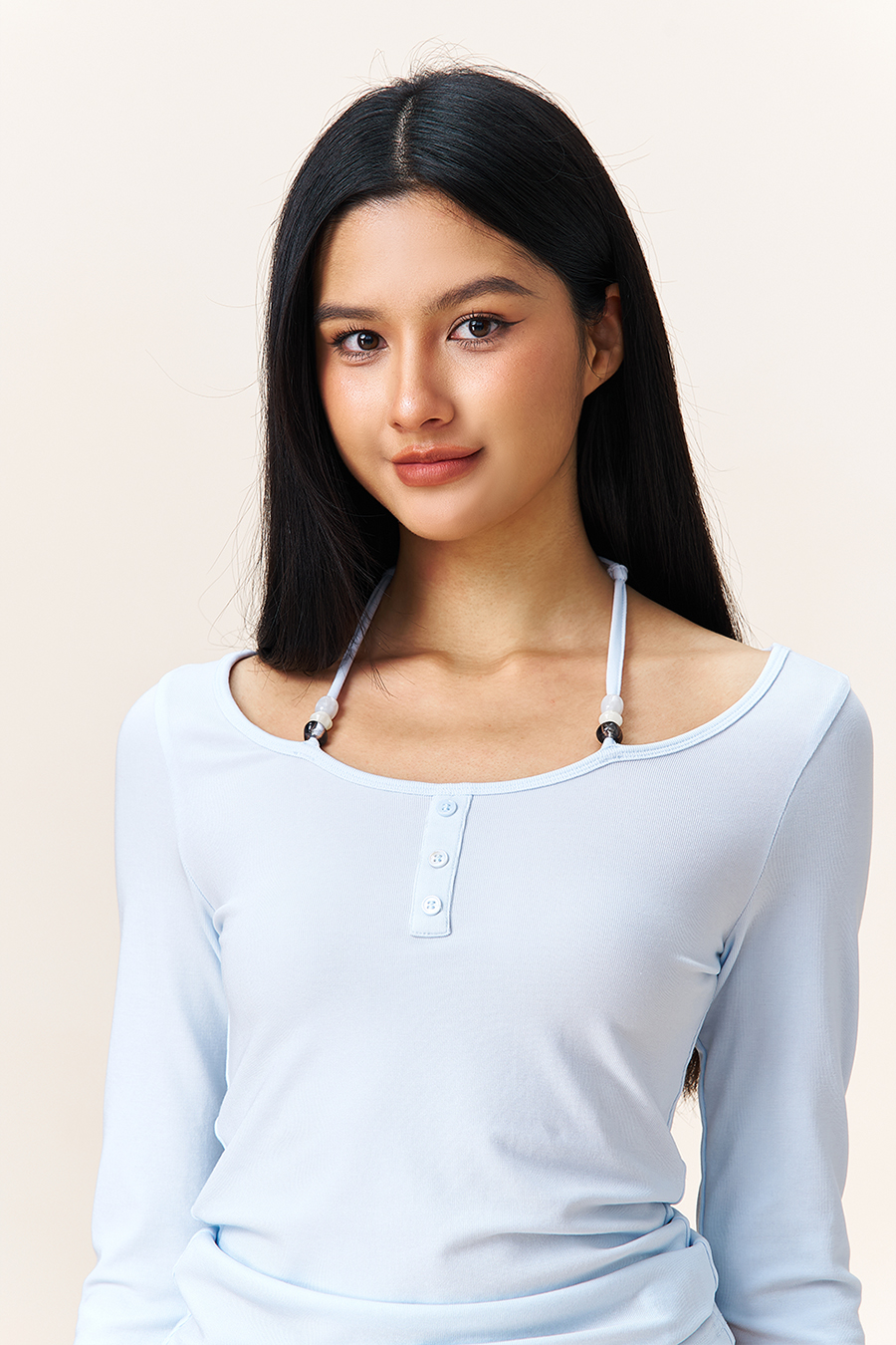 Halter Tie Henley Neck Blouse|yescci