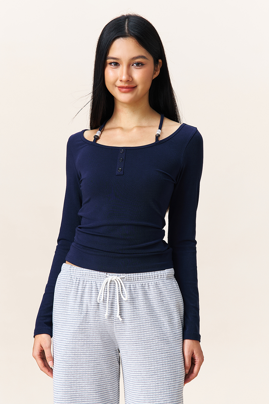 Halter Tie Henley Neck Blouse|yescci
