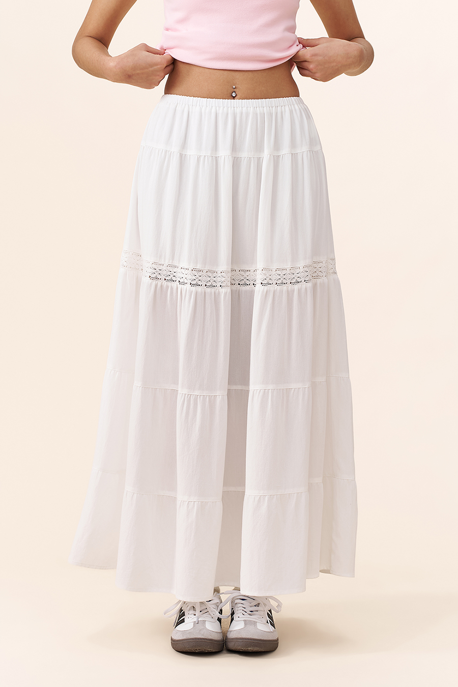 Lace Tiered White Maxi Skirt|yescci